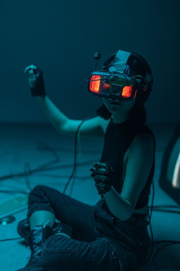 A Woman in a Tank Top Using a VR Headset